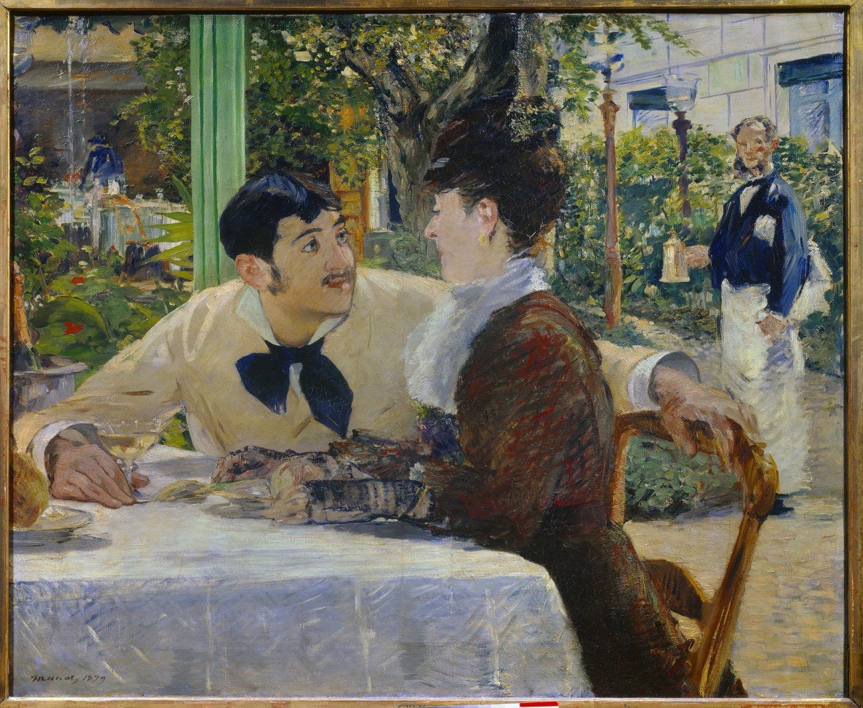 Far Lathuilles. Utendørs Et par som drikker et glass champagne på terrassen til en utendørs restaurant nær Place de Clichy i Paris (Montmartre). Maleri av Edouard Manet (1832-1883) 1879 Tournai. Museum of Fine Arts av Édouard Manet