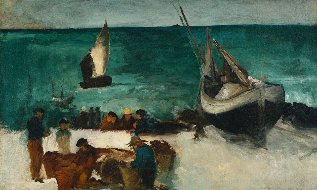 Fiskebåter og fiskere; Navy at Berck: Fishing Boats and Fishermen, 1873 av Édouard Manet