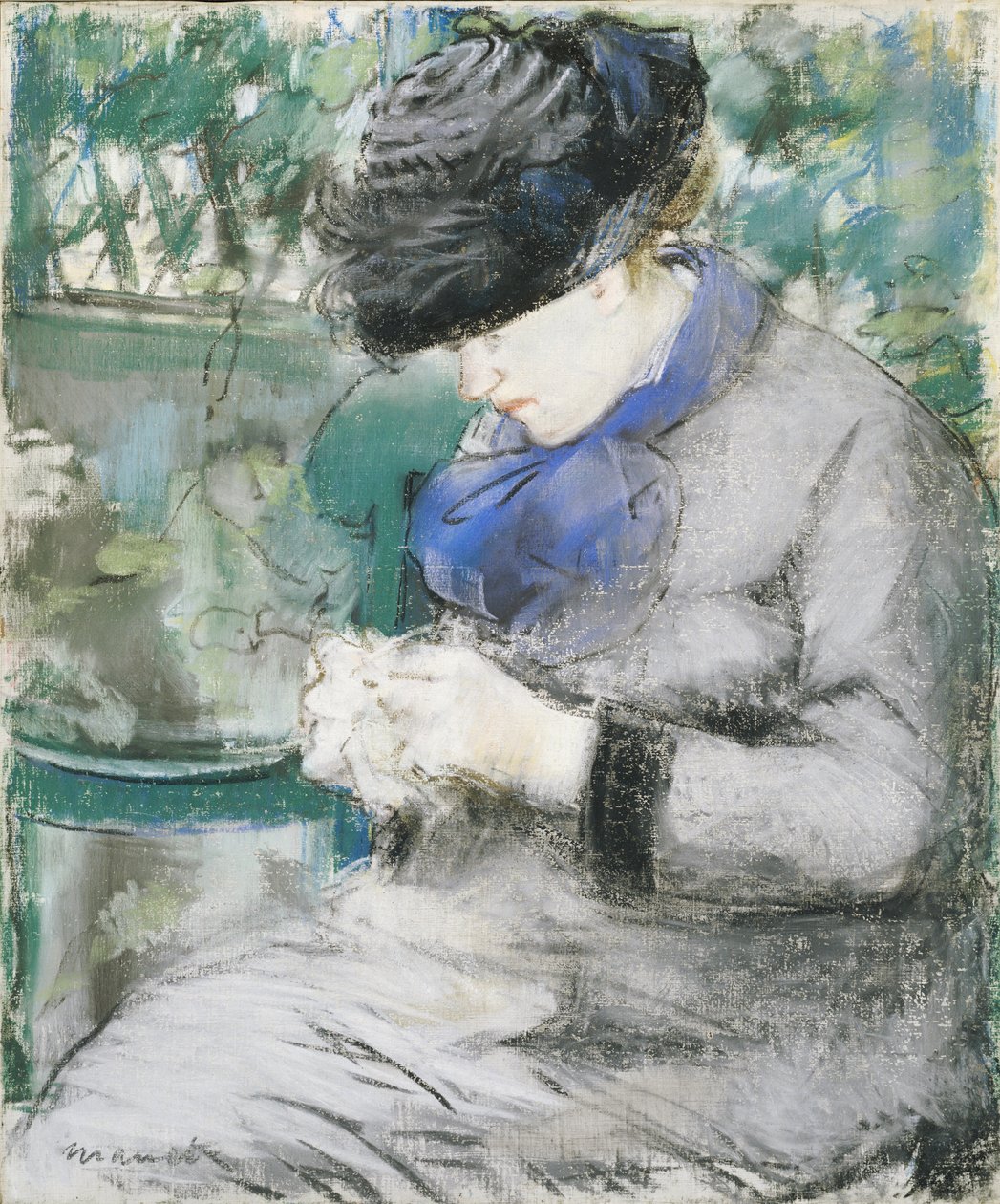 Jente som sitter i hagen, eller strikker, 1879 av Édouard Manet
