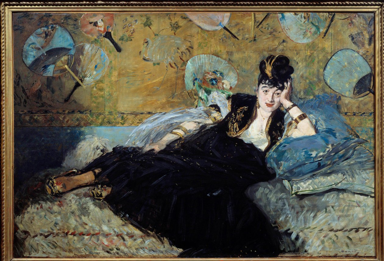 La dame aux eventtails ou “” Portrait de Nina de Callias (1844-1884) eller Nina de Villard”” Hun holdt en veldig kjent salong på slutten av 1800-tallet. Maleri av Edouard Manet (1832-1883) 1873 Søn. 1,13x1,66 m Paris, musee d