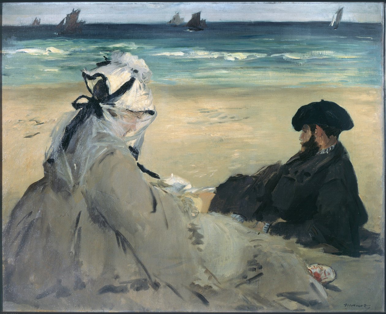 På stranda. Portrett av Madame Edouard Manet (1830-1906) og Eugene Manet (1833-1892), kunstnerens kone og bror i Berck-sur-Mer (Berck sur mer). Maleri av Edouard Manet (1832-1883), 1873. Olje av Édouard Manet