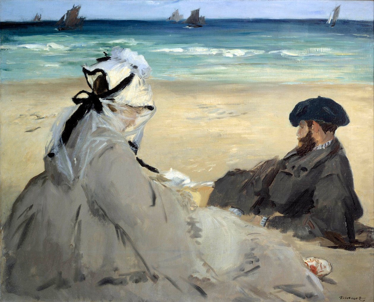 På stranden Representasjon av Suzanne Manet, kona til kunstneren og broren Eugene på Berck sur mer-stranden (Berck-sur-Mer). Maleri av Edouard Manet (1832-1883) Ete 1873 Søn. 0,59x0,73 m Paris musee d