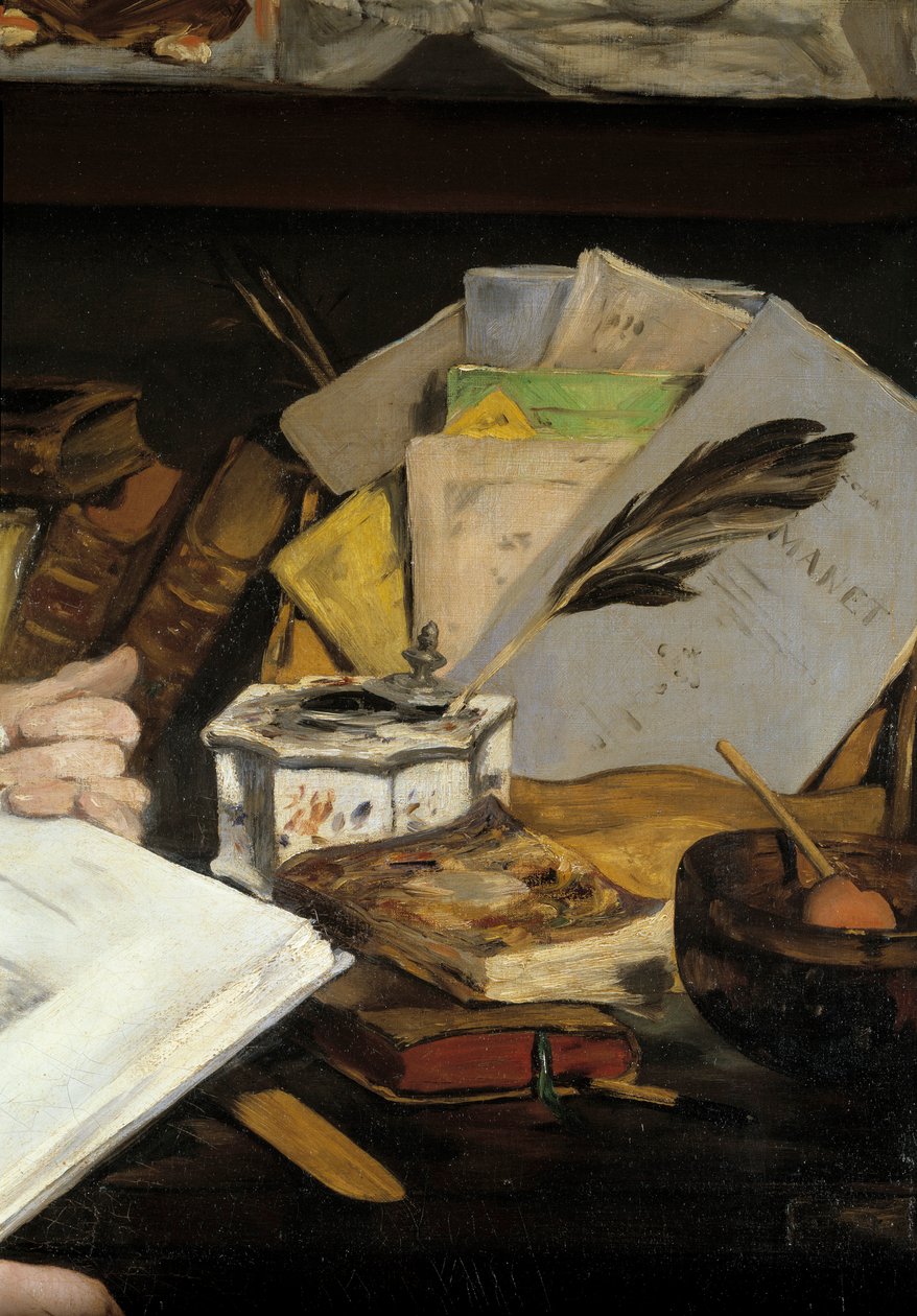 Portrett av Emile Zola, detalj. Blekkskål med penn og bøker inkludert en "Manet". Maleri av Edouard Manet (1832-1883) 1868 Paris, Musee d