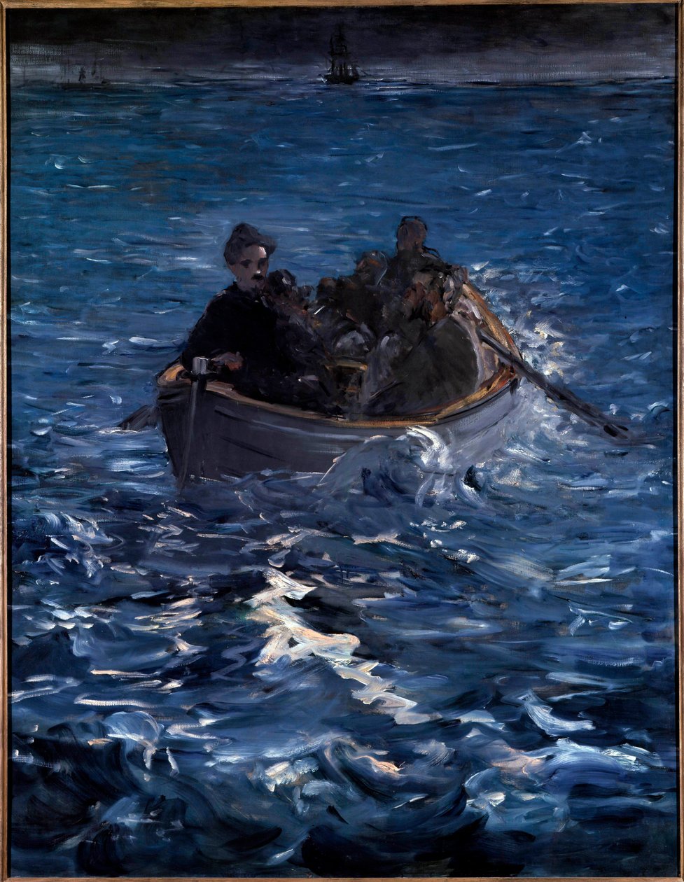 Rocheforts flukt. Henri de Rochefort Fransk forfatter (1831-1913) drar til Ducos-halvøya i Ny-Caledonia, rømt i mars 1874 med Grousset et et Pain. Maleri av Edouard Manet (1832-1883) 1880. Zürich. Rau-stiftelsen for den tredje verden av Édouard Manet