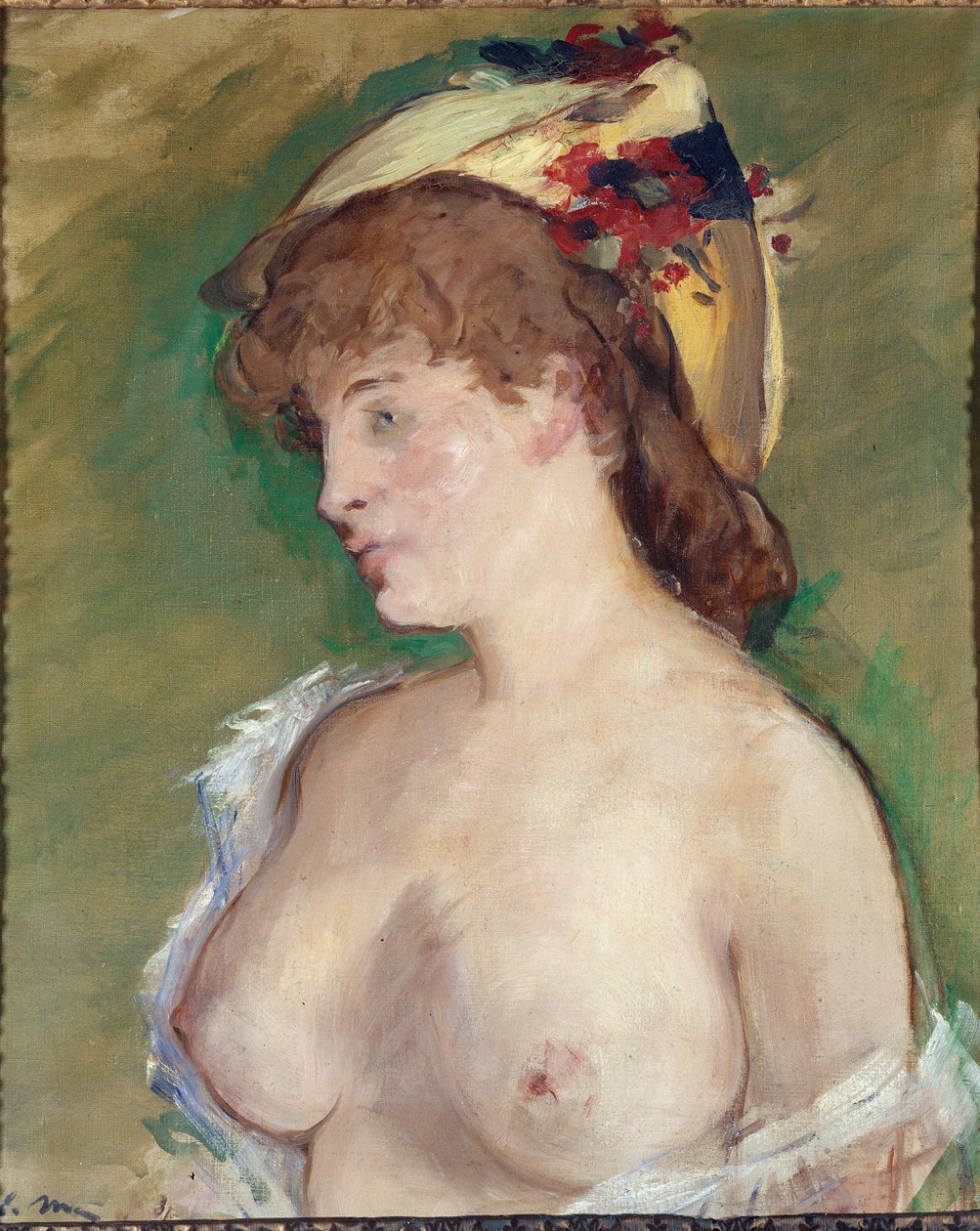 Blondinen med toppløs - olje på lerret av Édouard Manet