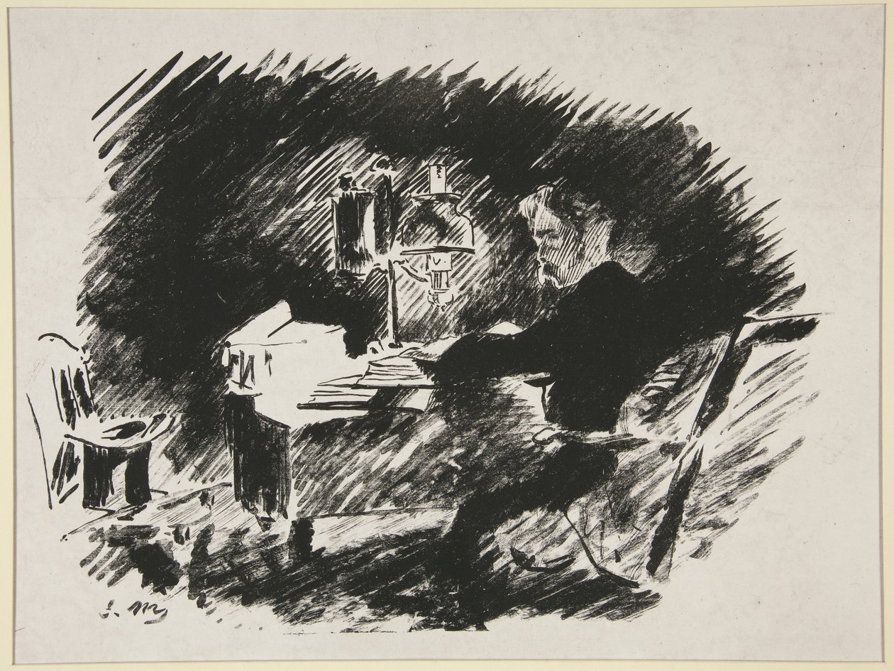 Under lampen, første illustrasjon til Mallarmés oversettelse av Poes «Ravnen» av Édouard Manet