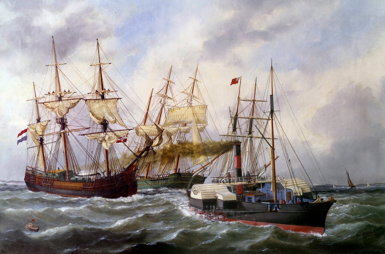 To trailere med tre matter av Le Neptune au Havre i 1882 Maleri av Edouard Adam (1847-1929) 1882 Paris, Musee de la Marine av Edouard Marie Adam
