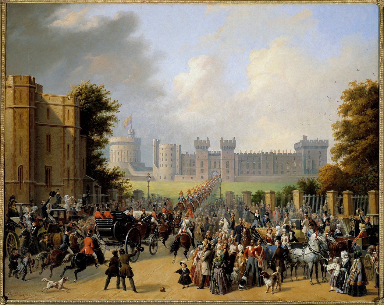 Ankomst av Louis Philippe I (1773-1850) til Castle of Windsor 8/10/1844 Maleri av Edouard Pingret (1788-1875) 1845 Søn. 1,28x1,6 m av Edouard Pingret
