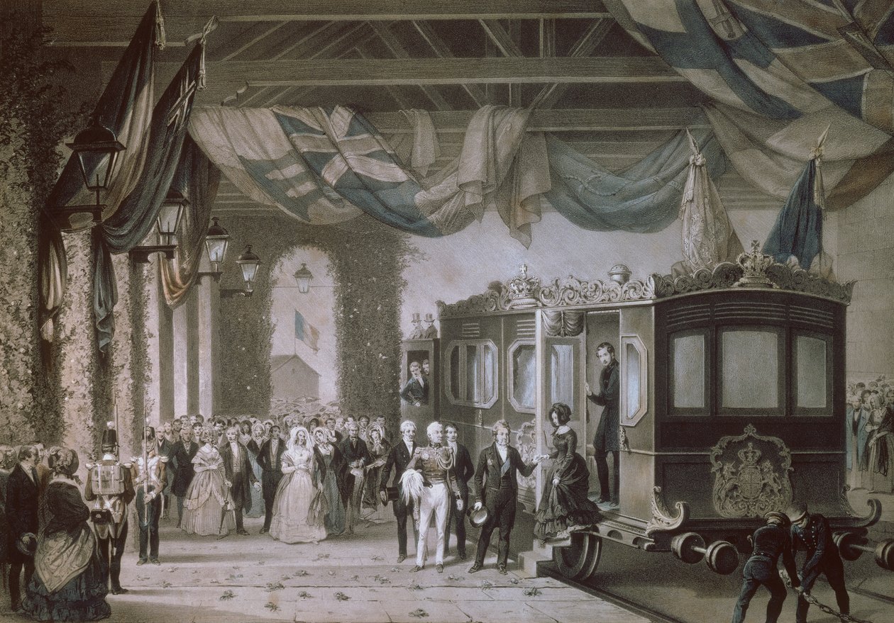 Dronning Victoria (1819-1901) og prins Albert (1819-61) ankommer Gosport Station, Hampshire, gravert av Bayot & Cuvilier, 1846 av Edouard Pingret