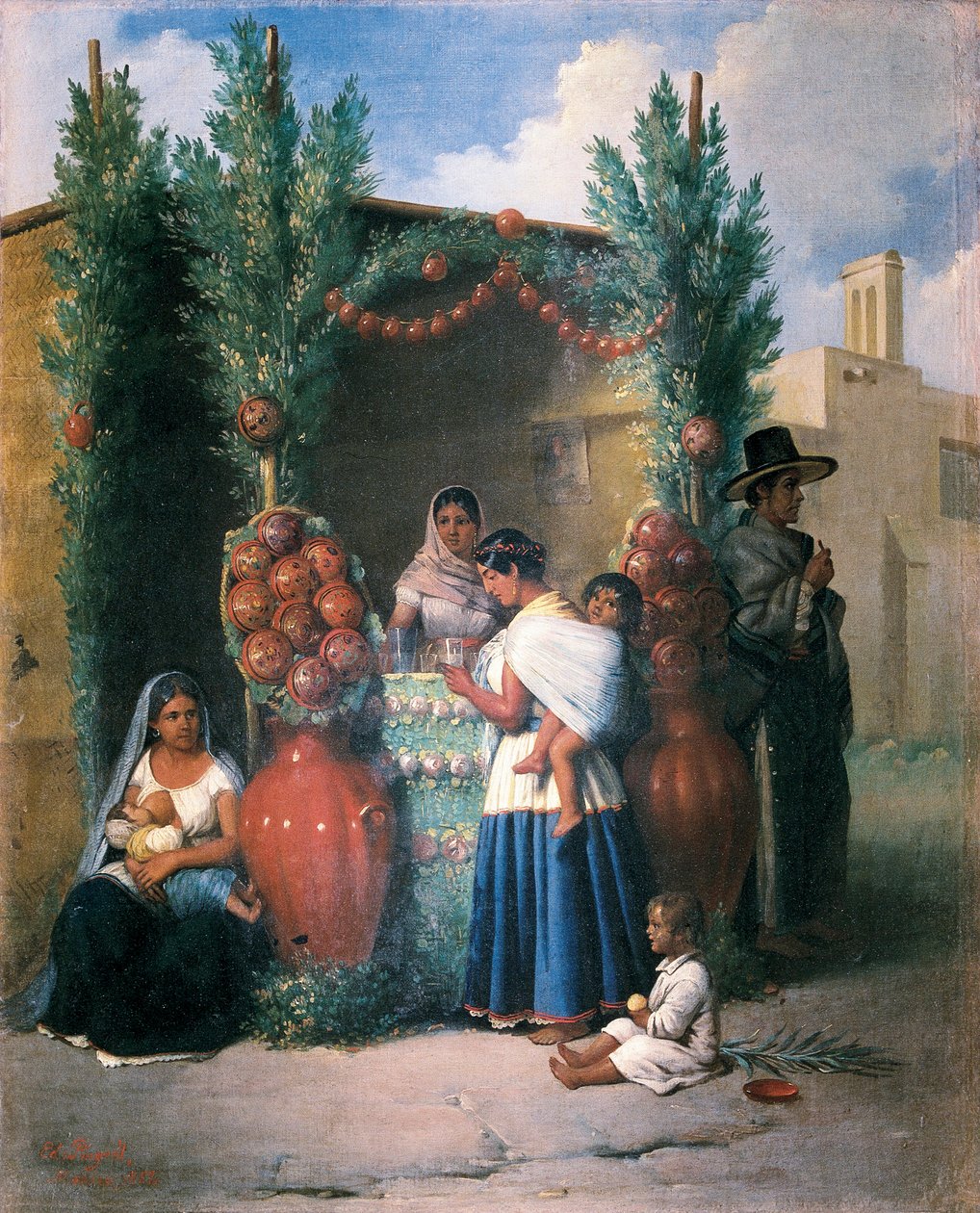 Scene nær en bar i en gate i Mexico: en kvinne ammer barnet sitt, en annen tar en drink og bærer barnet sitt på ryggen, et barn leker på bakken. Maleri av Edouard Pingret (1788-1875), midten av 1800-tallet. Mexico City. nasjonalbank av Edouard Pingret