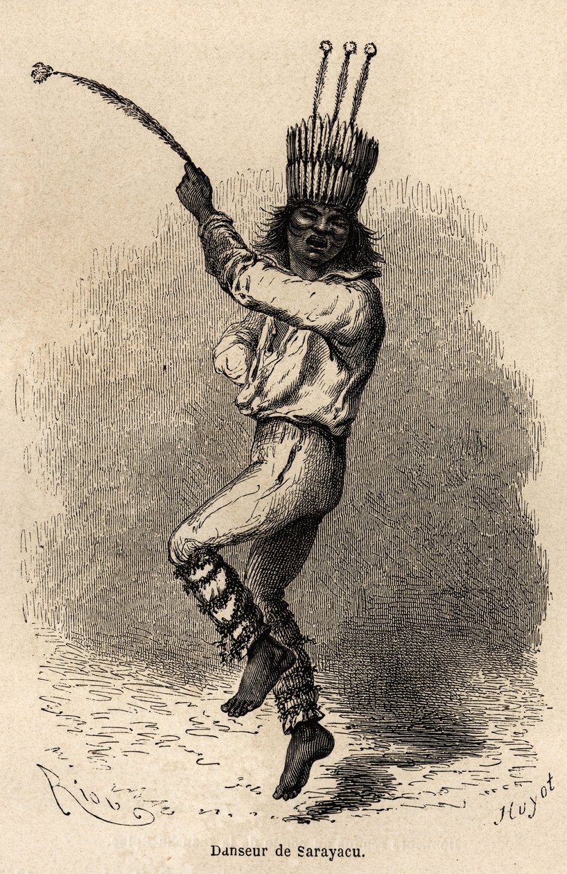 En danser i Sarayacu (Peru), tegning av Riou, for å illustrere Paul Marcoys reise fra Stillehavet til Atlanterhavet fra 1848 til 1860. Gravering i "" Le tour du monde", redigert av Edouard Charton av Edouard Riou