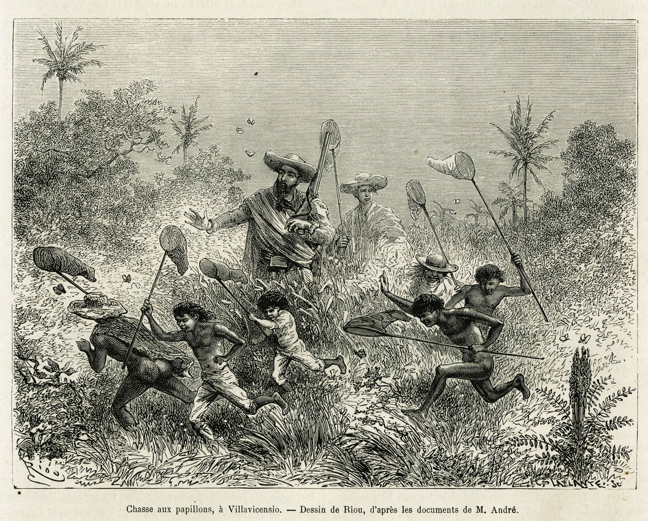 En gjeng barn jaktet på sommerfugler, akkompagnert av forfatteren, en Villavicensio (Colombia), tegning av Riou, for å illustrere historien om Equinoxiale America (Colombia, Ecuador, Peru), i 1875-1876, av Ed. andre, reisende med ansvar for oppdraget til F av Edouard Riou