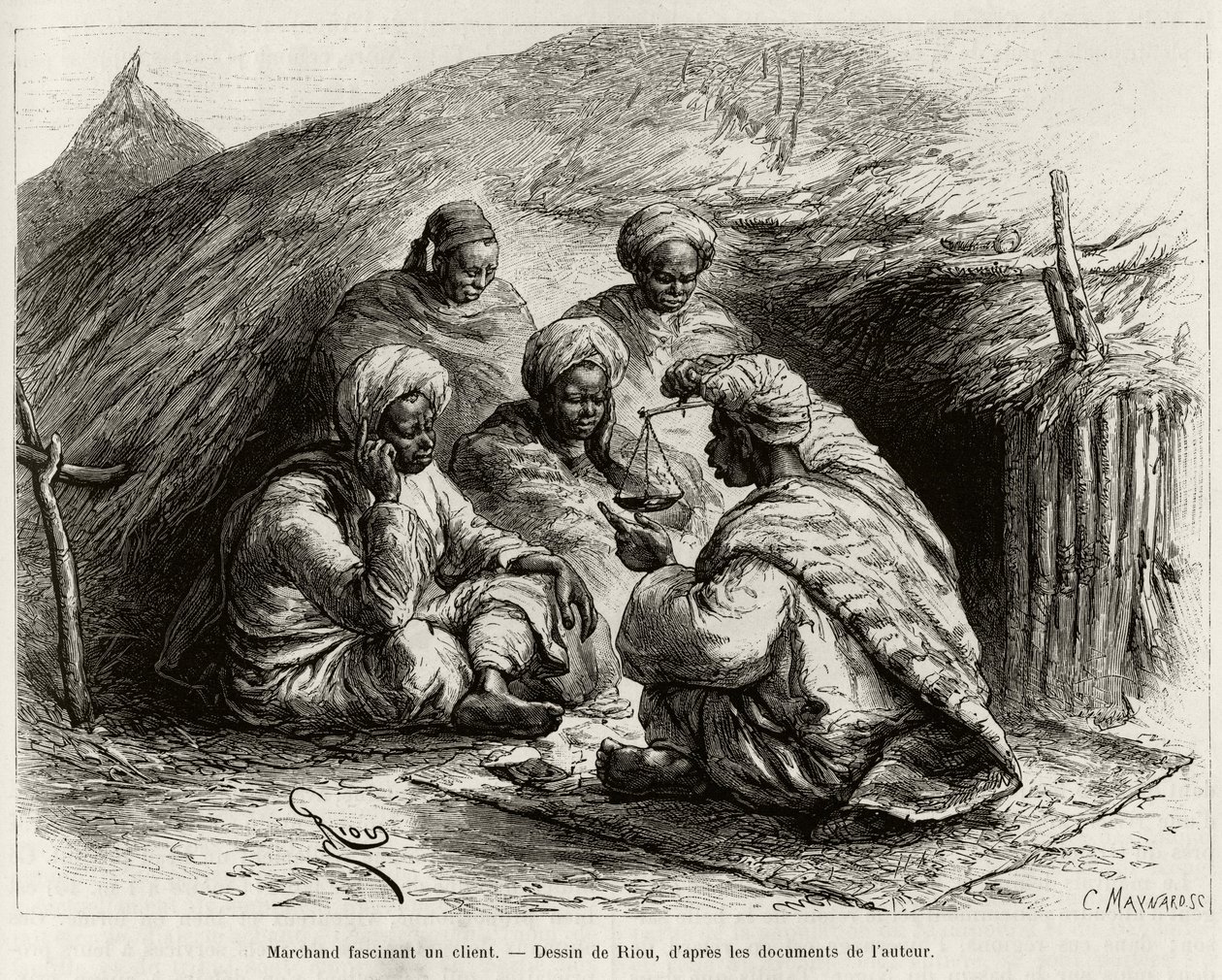 En kjøpmann som fascinerer en kunde, sitter på gulvet, på en liten matte, han lager artikkelen ved å holde en vekt. Gravering av Riou, for å illustrere historien "" Fra Niger til Guineebukta", av kaptein Louis Gustave Binger (1856-1936), i 1887-1889, i av Edouard Riou