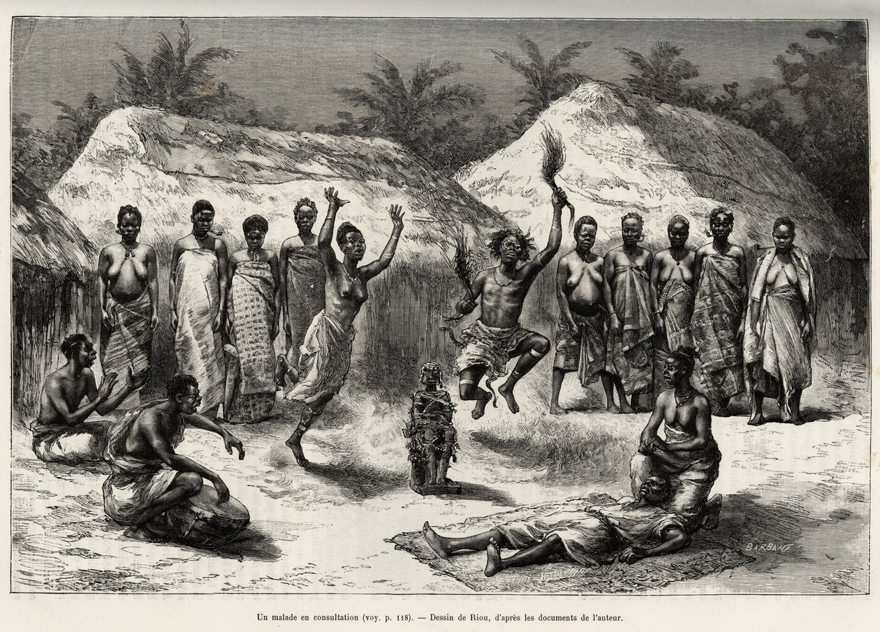En pasient i samråd med agni (eller anyi, Elfenbenskysten), trollmannen utfører en dans, etter å ha plassert en fetisj foran pasientens løgner. Gravering av Riou, for å illustrere historien "" Fra Niger til Guineabukta"" av kaptein Louis Gu av Edouard Riou