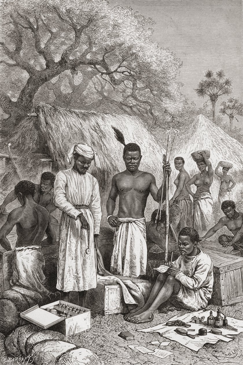 Abdullah Souzi, Jacob Wainright og James Chouma, Dr. David Livingstones tre tjenere, tar oversikt over eiendelene hans etter hans død i 1873, illustrasjon fra "The World in the Hands", gravert av Charles Barbant av Edouard Riou