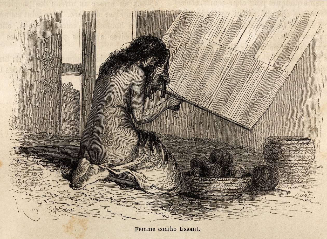 En indisk Conibo fra Peru veving, tegning av Riou for å illustrere reisen, fra 1848 til 1860, til P. Marcoy, fra Stillehavet til Atlanterhavet. Gravering i "" Le tour du monde"", redigert av Edouard Charton av Edouard Riou
