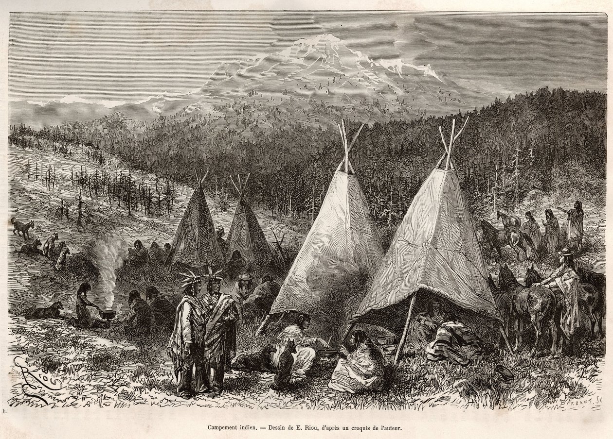 En indisk leir, i Utah-territoriet, ved bredden av Riviere Verte. Gravering etter tegningen av E.Riou, for å illustrere historien La conquete blanche, av William Hepworth Dixon, i 1875, publisert i "" Le tour du monde""" 1876, redigert av Edouard Charto av Edouard Riou