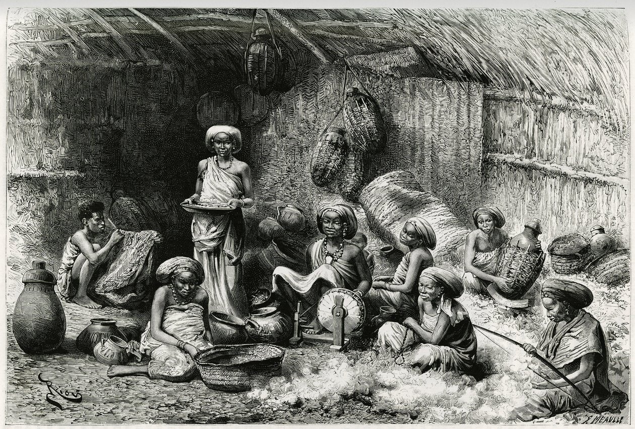 En ettermiddag på favoritten til sjeiken fra Gobrons, kvinneaktiviteter: broderi og spinning av ull, flettet og keramikk. Gravering av Riou, for å illustrere historien "" Voyage chez les Benadir, les somalis et les Bayoun"", i 1882-1883, av Georges Rev. av Edouard Riou