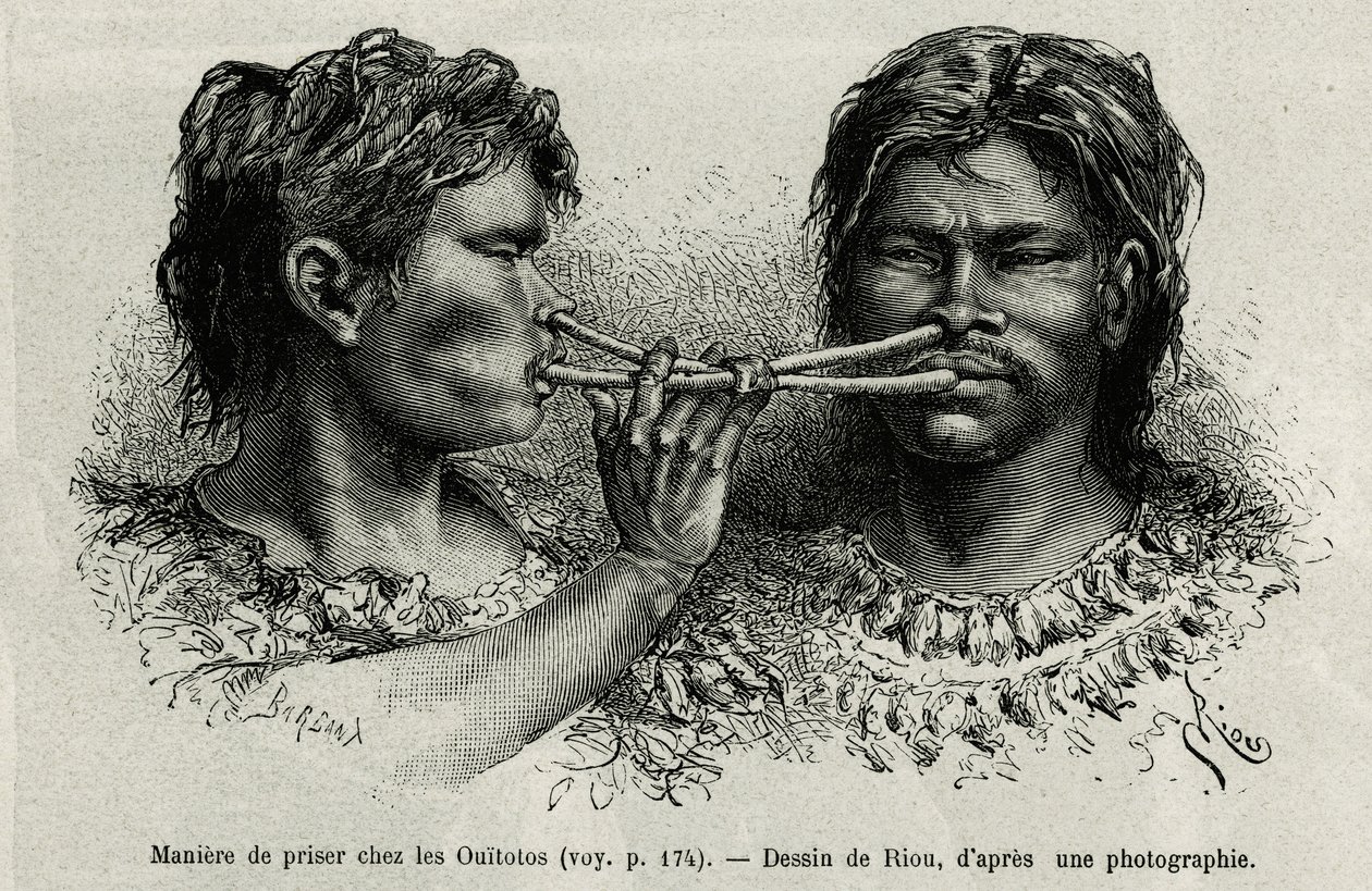 Et instrument laget av fuglebein og en måte å snuse blant indianerne ouitotos (uitoto), blåser unisont, sender de samtidig fangsten. Gravering av Riou, for å illustrere historien om Cayenne aux Andes, av Jules Crevaux, lege for den franske marinen, av Edouard Riou