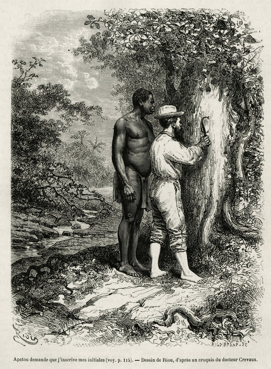 Apatou, guide og reisefølge ber oppdagelsesforfatteren om å gravere initialene sine i barken på et tre. Gravering av Riou, for å illustrere historien om Cayenne aux Andes, av Jules Crevaux, lege for den franske marinen, i 1878-1879, publisert i Tour du av Edouard Riou