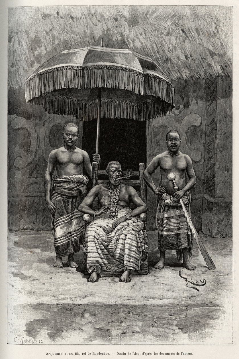 Ardjoumani (død 1892) og sønnene hans, konge av Bondoukou (Elfenbenskysten). Gravering av Riou, for å illustrere historien "" Fra Niger til Guineebukta"" av kaptein Louis Gustave Binger (1856-1936), i 1887-1889, i Le tour du monde, nouveau journal des voya av Edouard Riou