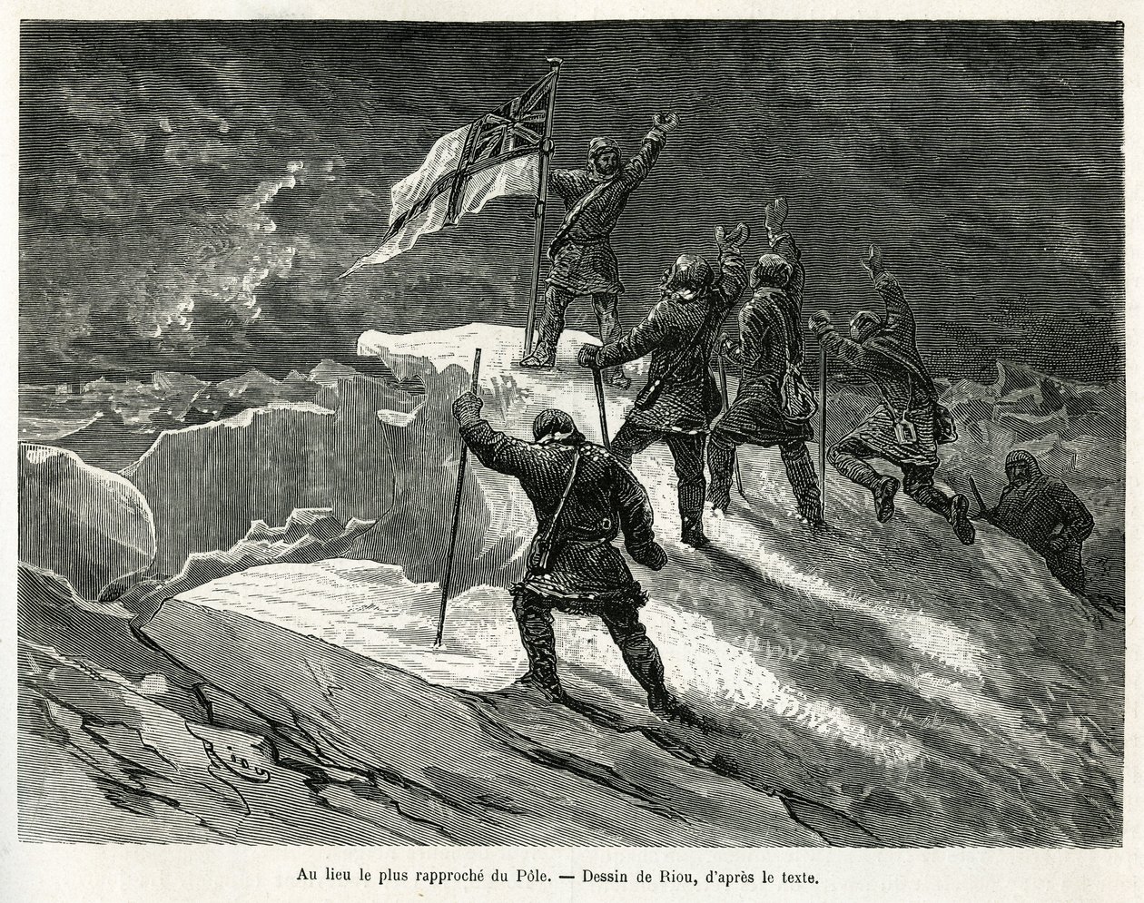 Kaptein George Strong Nares (1831-1915) plantet det britiske flagget på stedet nærmest polen, tegnet av Riou, for å illustrere historien om en reise til polarhavet i 1875-1876, av kaptein G.S.Nares. Gravering i Le tour du monde av Edouard Riou