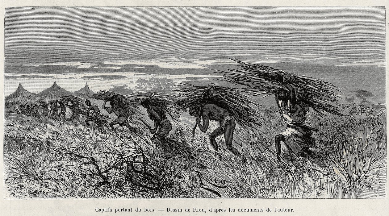 Fanger som bærer ved i bushen. Gravering av Riou, for å illustrere historien "" Fra Niger til Guineebukta", av kaptein Louis Gustave Binger (1856-1936), i 1887-1889, i Le tour du monde, nouveau journal des voyages, under ledelse av Edouar av Edouard Riou