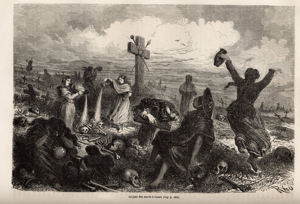 Feiring av fete des morts i Cuzco, tegning av Riou, for å illustrere Paul Marcoys reise gjennom Sør-Amerika fra 1848 til 1860. Gravering i "" Le tour du monde", redigert av Edouard Charton av Edouard Riou