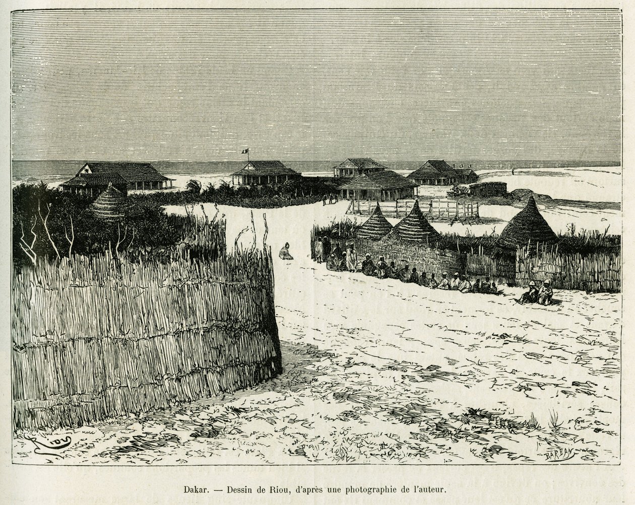 Dakar. Gravering av Riou for å illustrere historien Voyage a la Plata, tre måneders ferie av Emile Blaireaux i 1886, i tour du monde 1887, under ledelse av Edouard Charton (1807-1890), Hachette, Paris. av Edouard Riou