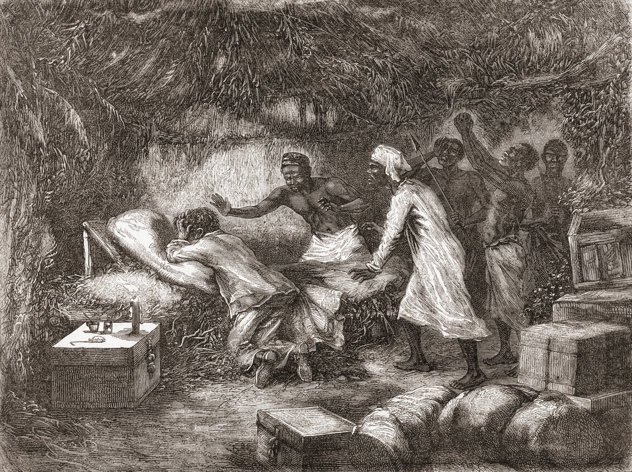 Dr. Livingstones død i landsbyen Tchitammbo, Afrika, i 1873, illustrasjon fra "The World in the Hands", publisert 1878 av Edouard Riou