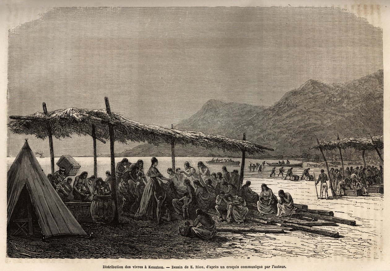 Utdeling av mat i Keauhou, etter jordskjelvet og vulkanutbruddet i 1868, for ofrene for katastrofen, gravering etter tegningen av E.Riou, som illustrerer reisen til Sandwichøyene, i 1855-1869, av C. de Varigny, publisert i "" Le av Edouard Riou