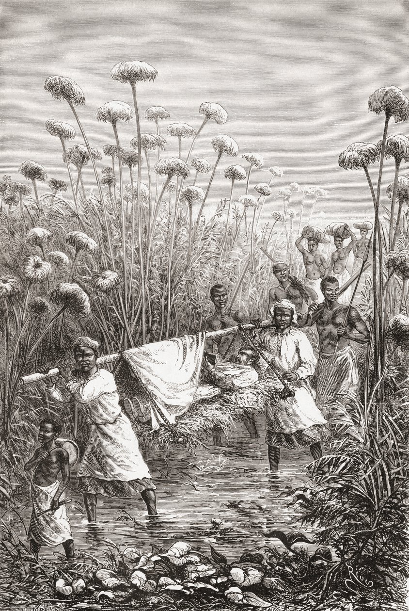 Dr. David Livingstone blir båret de siste milene til landsbyen Tchitammbo, Afrika, kort før hans død, illustrasjon fra "The World in the Hands", gravert av Henri Theophile Hildibrand av Edouard Riou