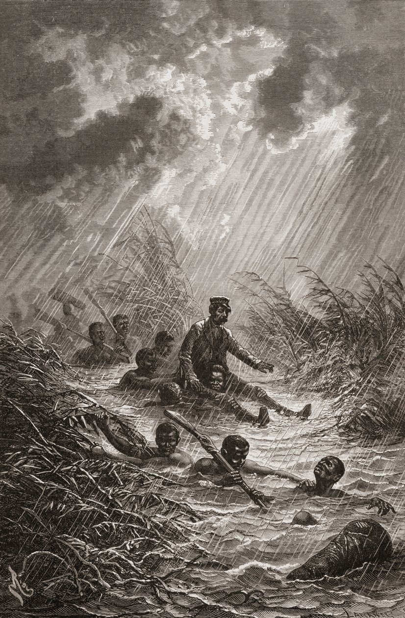 Dr. David Livingstone ble båret gjennom en sump av portører under sin ekspedisjon til Afrika i 1872, illustrasjon fra "The World in the Hands", gravert av Charles Laplante av Edouard Riou
