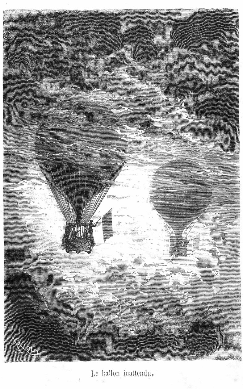 Tegning av boken av Jules Verne «Five weeks en Ballon»-samlingen Hetzel/Extraordinary Travels. Victoriaballongen møter en annen ballong i skyene av Edouard Riou