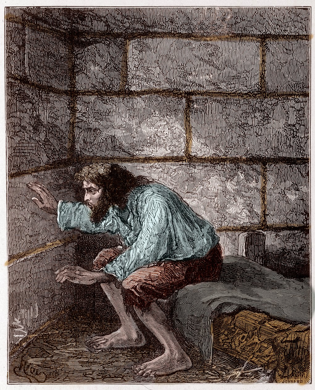 Edmond Dantes, alias greven av Monte Cristo (Monte Cristo) i fengselet hans - Gravering av Riou, i "Greven av Monte-Cristo" av Alexandre Dumas av Edouard Riou
