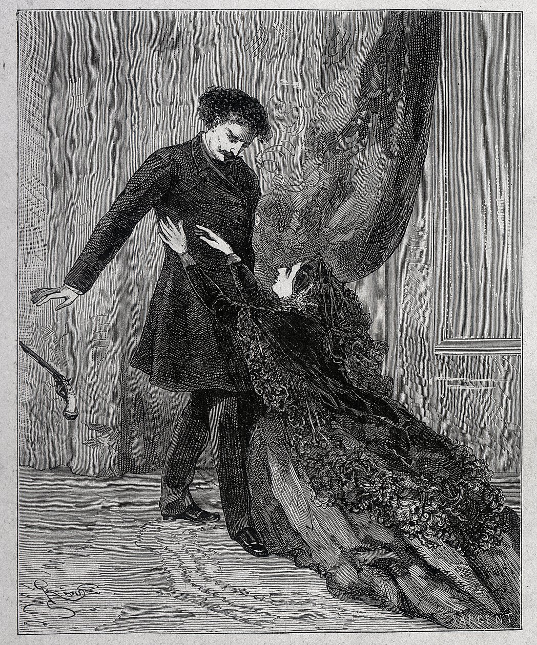 Edmond Dantes et Mercedes - Gravering av Riou, i "" Greven av Monte Cristo"" (Monte-Cristo) av Alexandre Dumas pere (1802-1870), red. Jules Rouff & Cie av Edouard Riou