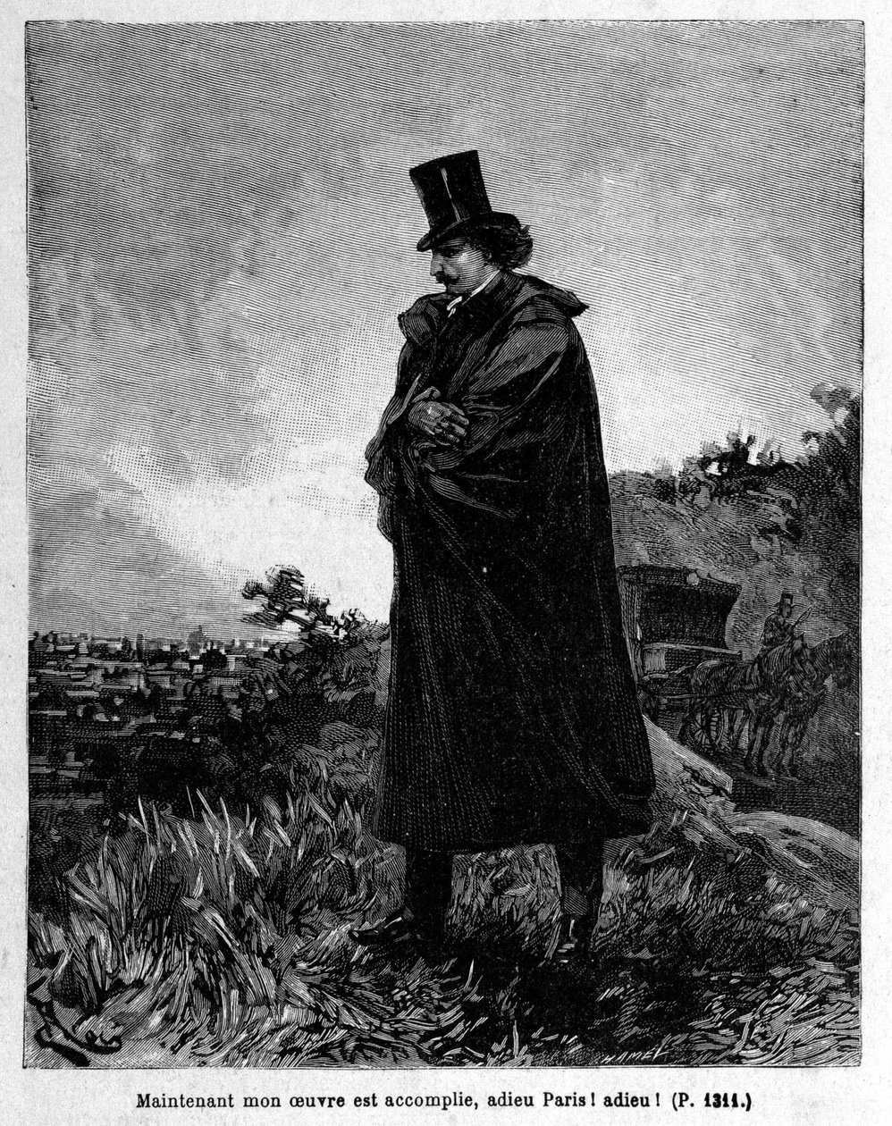 Edmond Dantes, greven av Monte-Cristo forlater Paris - Gravering av Riou, i "" La Comte de Monte-Cristo"" av Alexandre Dumas, Rouff & Cie av Edouard Riou
