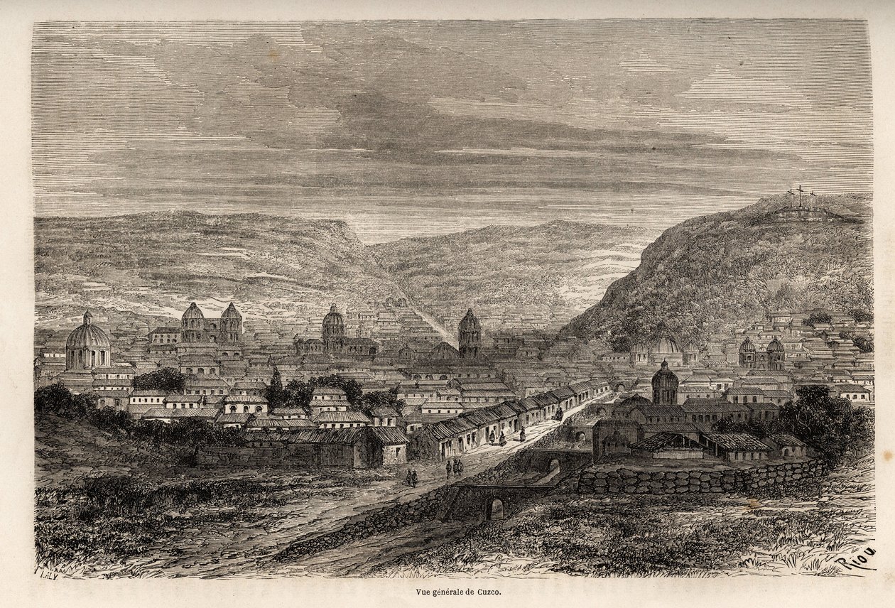 Generell oversikt over Cusco eller Cusco, tidligere hovedstad i Inkaene, tegning av Riou, for å illustrere Paul Marcoys reise gjennom Sør-Amerika fra 1848 til 1860. Gravering i "" Le tour du monde"", redigert av Edouard Charton av Edouard Riou