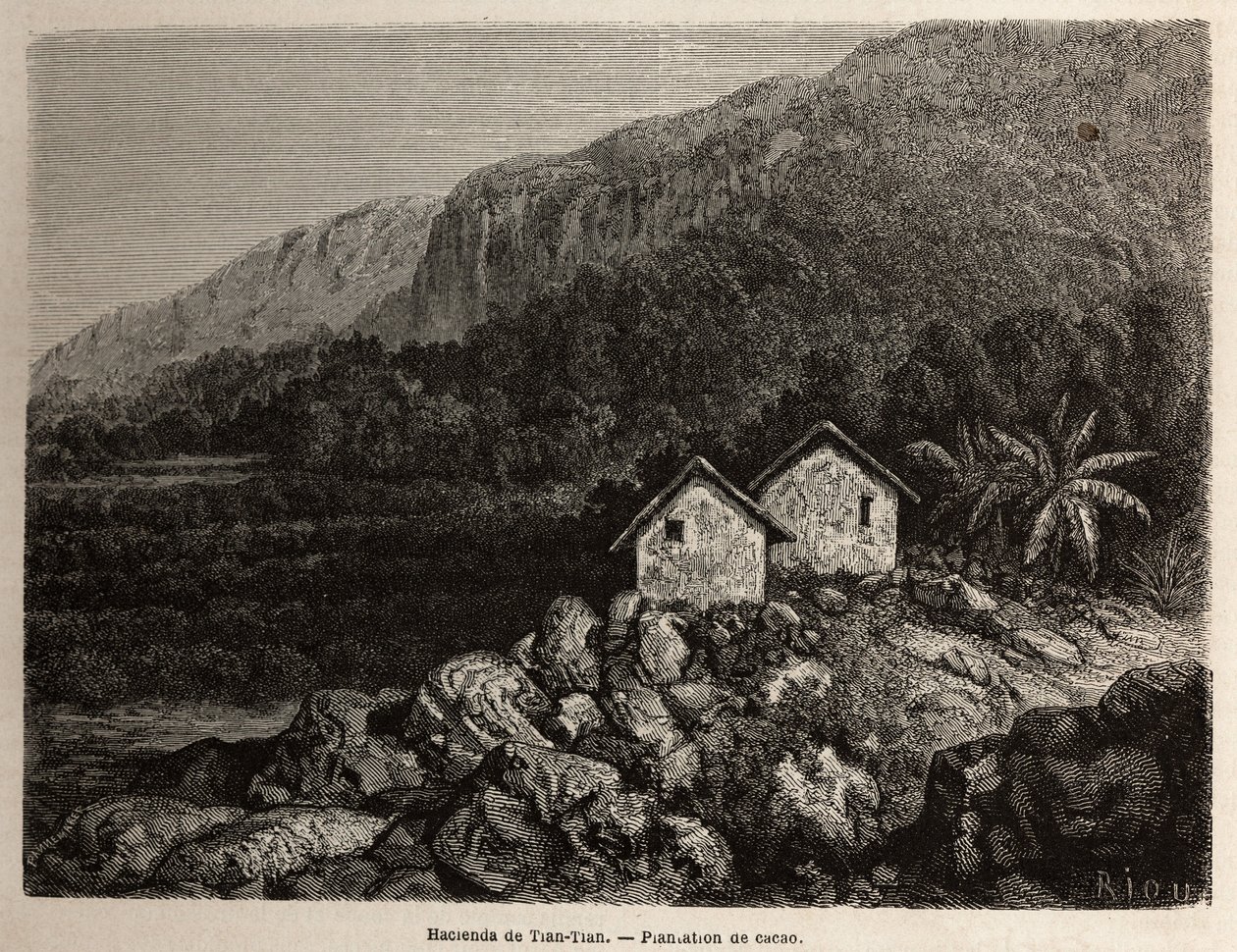 Hacienda av Tian Tian, Peru og kakaoplantasje, tegning av Riou, for å illustrere Paul Marcoys reise gjennom Sør-Amerika fra 1848 til 1860. Gravering i "" Le tour du monde", redigert av Edouard Charton av Edouard Riou