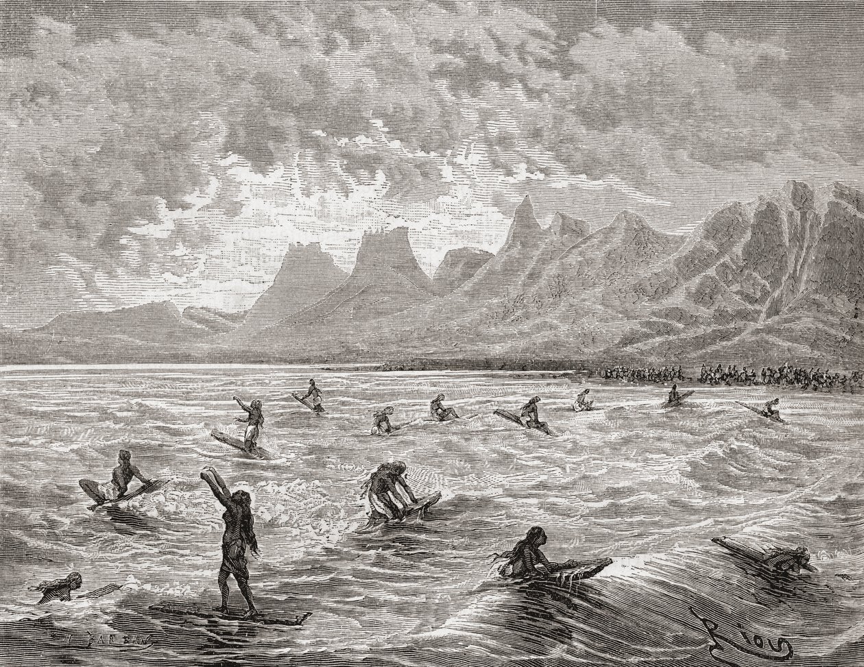 Hawaiianere som surfer, illustrasjon fra 
