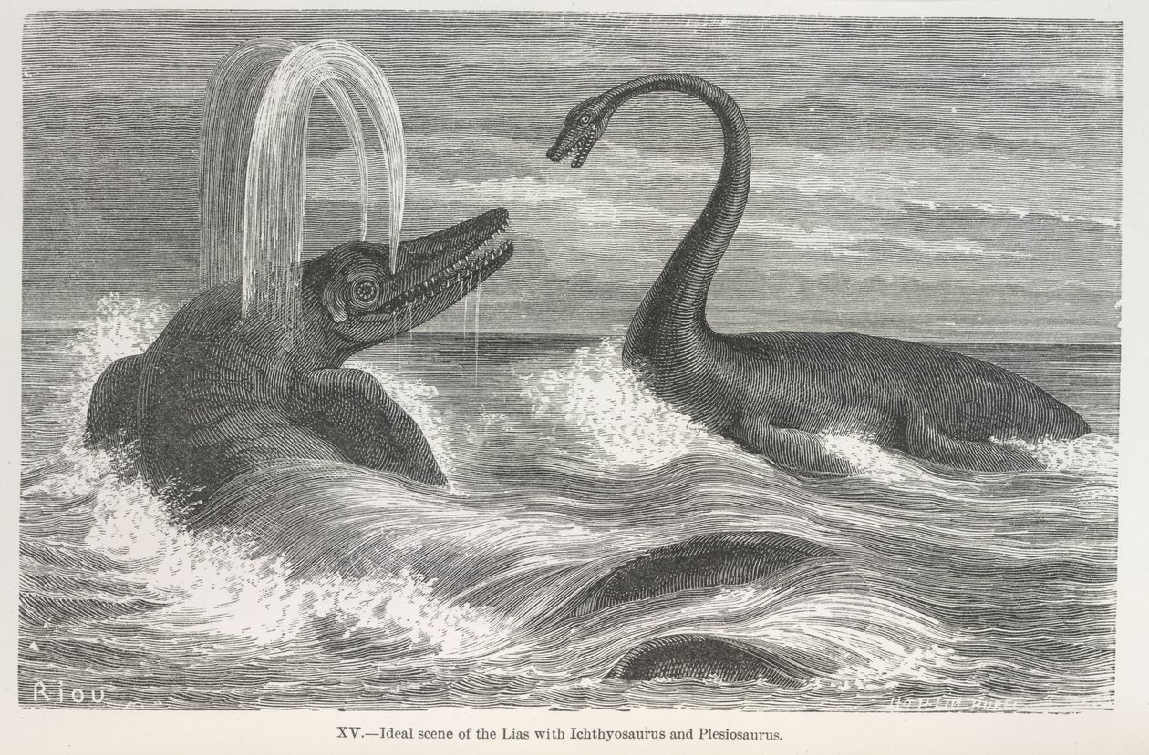 'Ideell scene for liasene med Ichthyosaurus og Plesiosaurus' av Edouard Riou