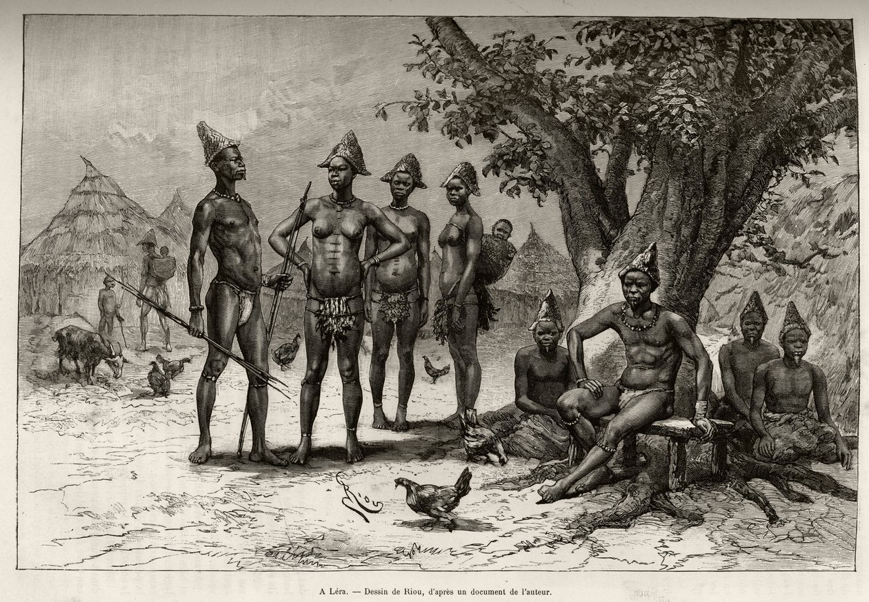 I Lera (eller Dera, Niger), typer Mandes. Gravering av Riou, for å illustrere historien "" Fra Niger til Guineebukta"" av kaptein Louis Gustave Binger (1856-1936), i 1887-1889, i Le tour du monde, nouveau journal des voyages, under lede av Edouard Riou