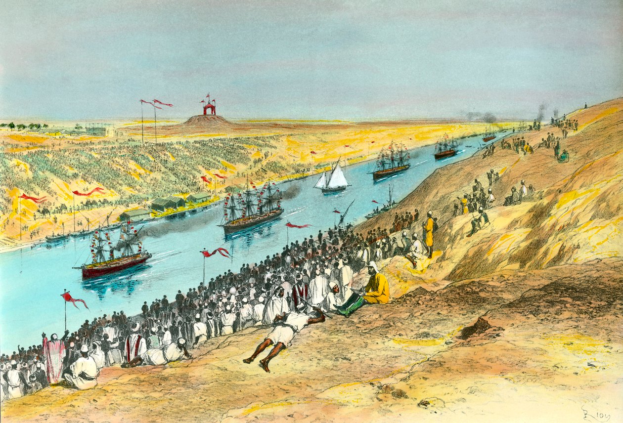 Innvielse av Suez-kanalen Kanalen ble opprettet for å forbinde Rødehavet med Middelhavet. Illustrasjon av Edouard Riou (1833-1900) 1869 Privat samling av Edouard Riou