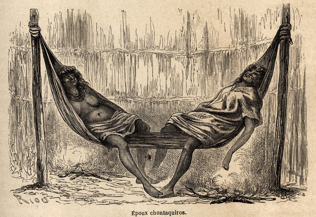 Indiske ektemenn Chontaquiros fra Peru sover, i sin brudekøye, tegnet av Riou for å illustrere reisen, fra 1848 til 1860, til P. Marcoy, fra Stillehavet til Atlanterhavet. Gravering i "" Le tour du monde"", redigert av Edouard Charton av Edouard Riou