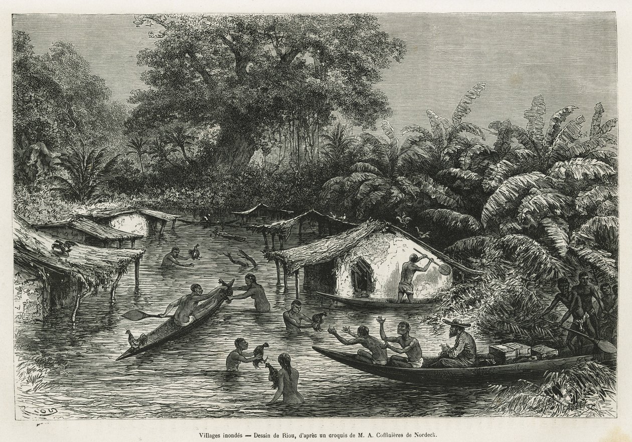 Inondes-landsbyer, tegnet av Riou, for å illustrere historien om en tur til Gabon og Ogoue-elven i 1875-1877, av Alfred Marche. Gravering i Le tour du monde av Edouard Riou