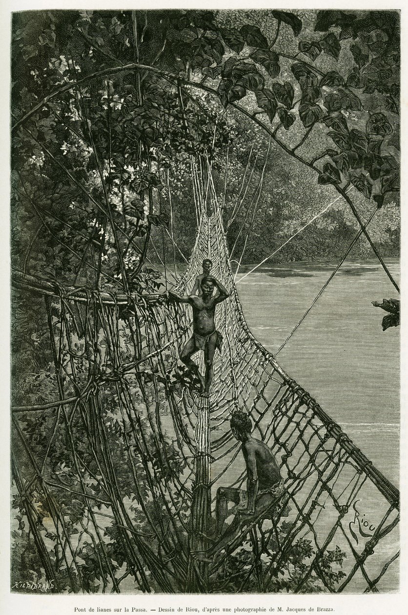 Liana-broen over Passa. Gravering av Riou, for å illustrere historien Reiser i Vest-Afrika av Edouard Riou