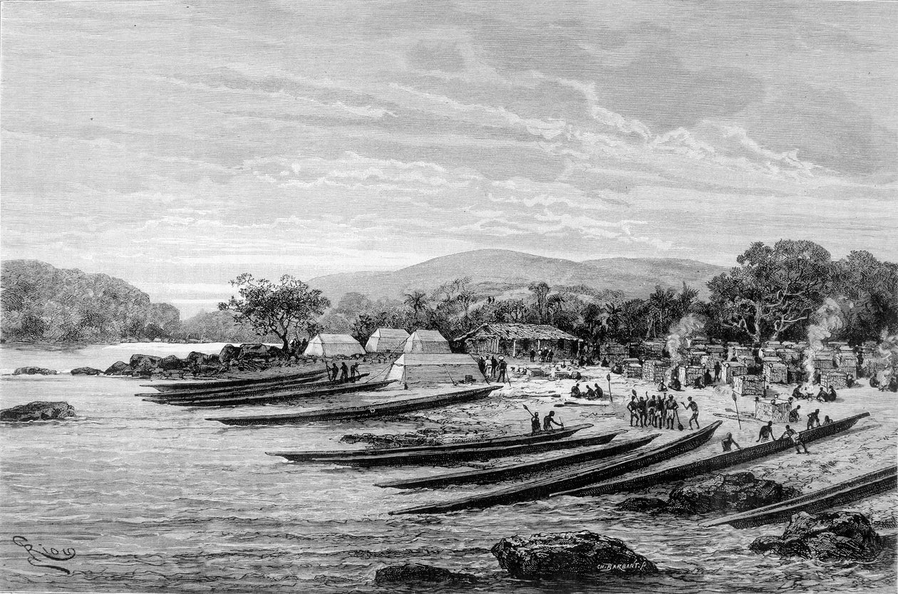 Lope hovedkvarter i Afrika. I «Journey in the West African»» av Brazza av Edouard Riou