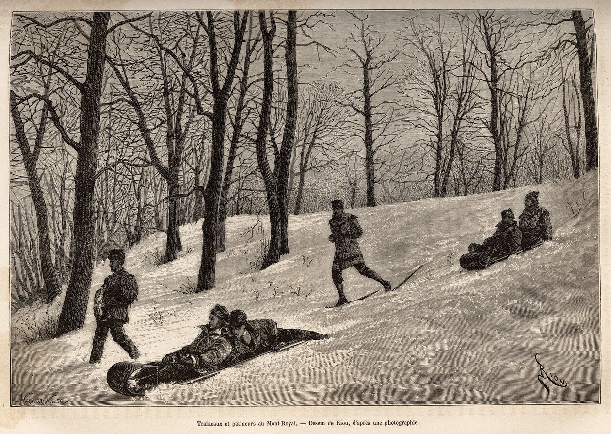 Luges et skaters au plateau du Mont-Royal, nær Montreal, gravering etter en tegning av Riou, illustrerer ekskursjonen til Canada og Riviere Rouge du nord, av H. De Lamotte, i 1873, publisert i "" Le tour du monde" "" 1875, redigert av Edouard Charton, av Edouard Riou
