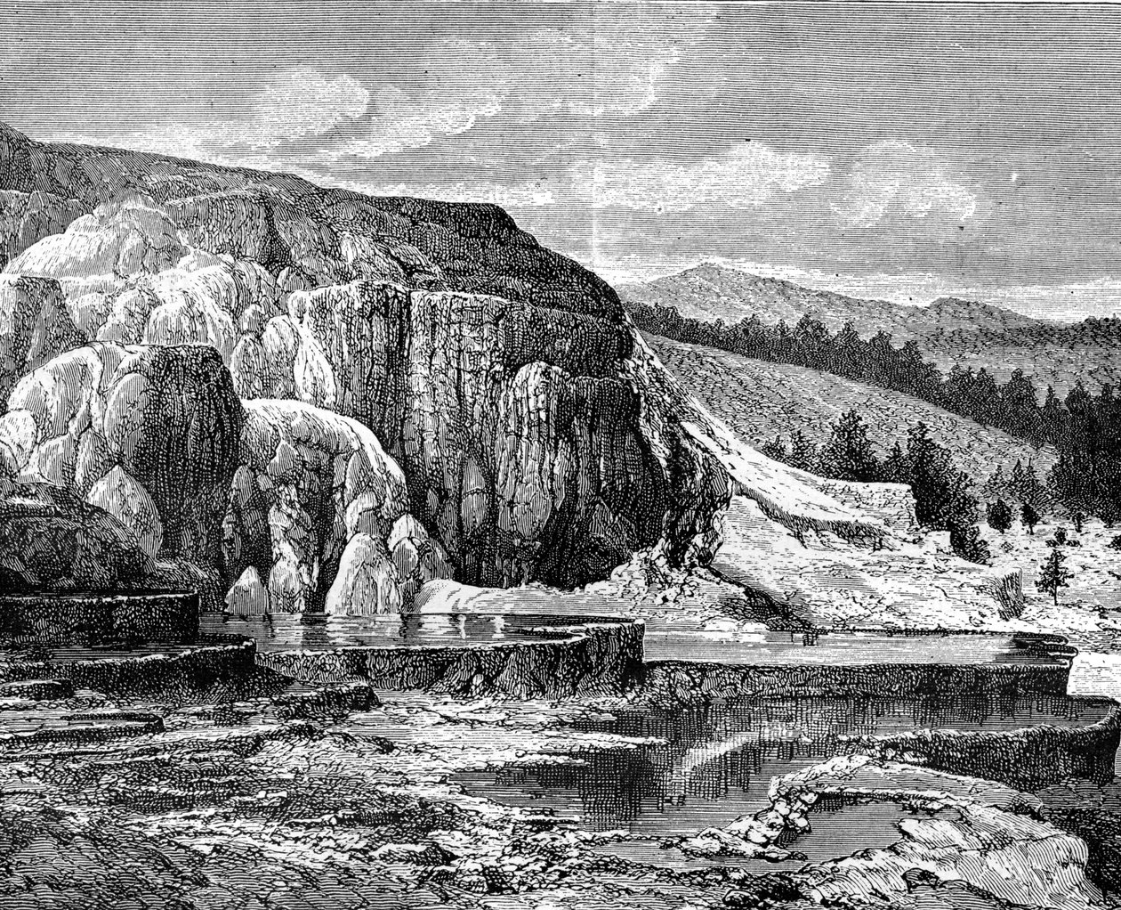 Mammoth Hot Springs, Yellowstone nasjonalpark, USA, 1800-tallet. av Edouard Riou