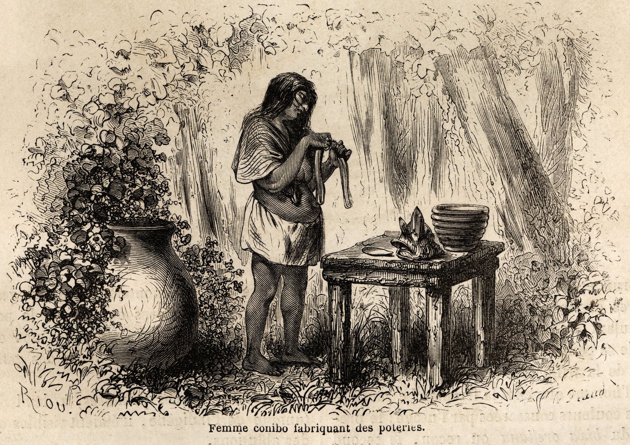 Produksjon av keramikk av en Conibo-indianer fra Peru, tegning av Riou for å illustrere reisen, fra 1848 til 1860, til P. Marcoy, fra Stillehavet til Atlanterhavet. Gravering i "" Le tour du monde"", redigert av Edouard Charton av Edouard Riou